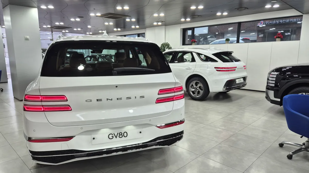 가족차 후보 제네시스 GV80 흰색 뒷모습